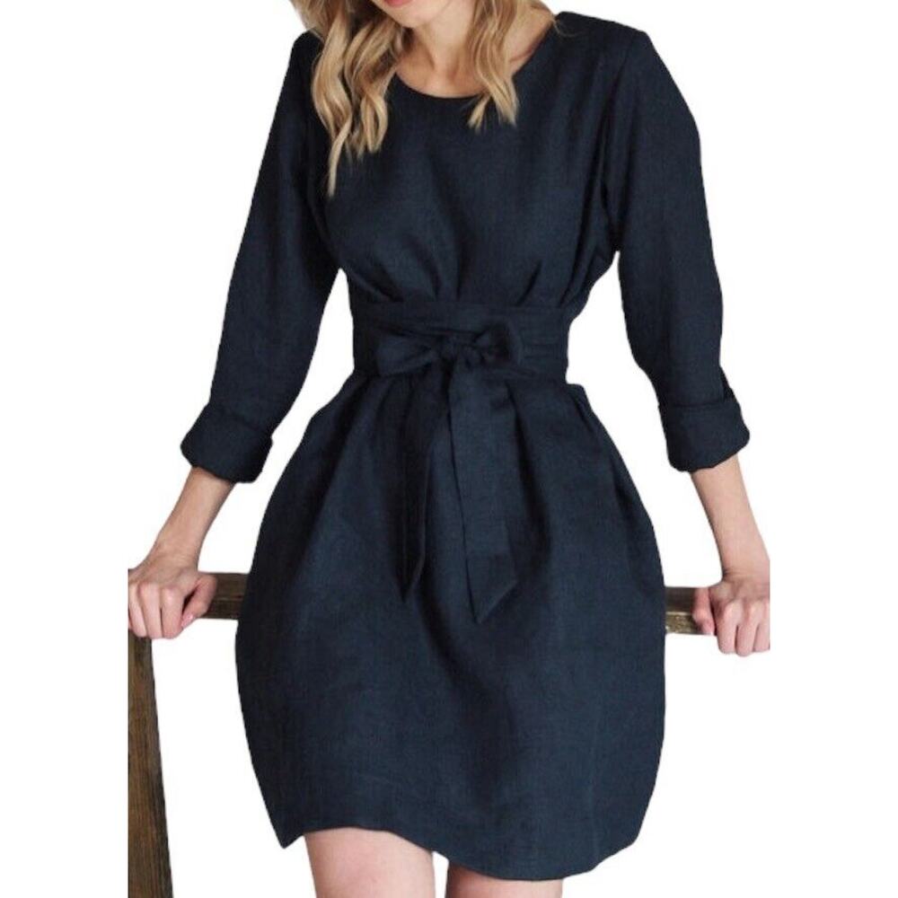 Nich linen Navy Blue Linen Dress For Women Midi, Belted Dress Size Small
